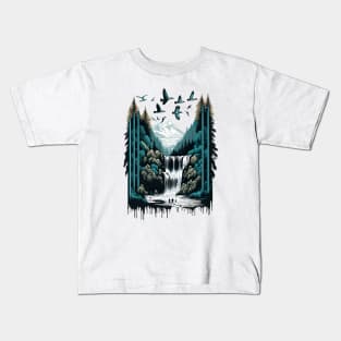 Serene Waterfall Nature Birds Kids T-Shirt